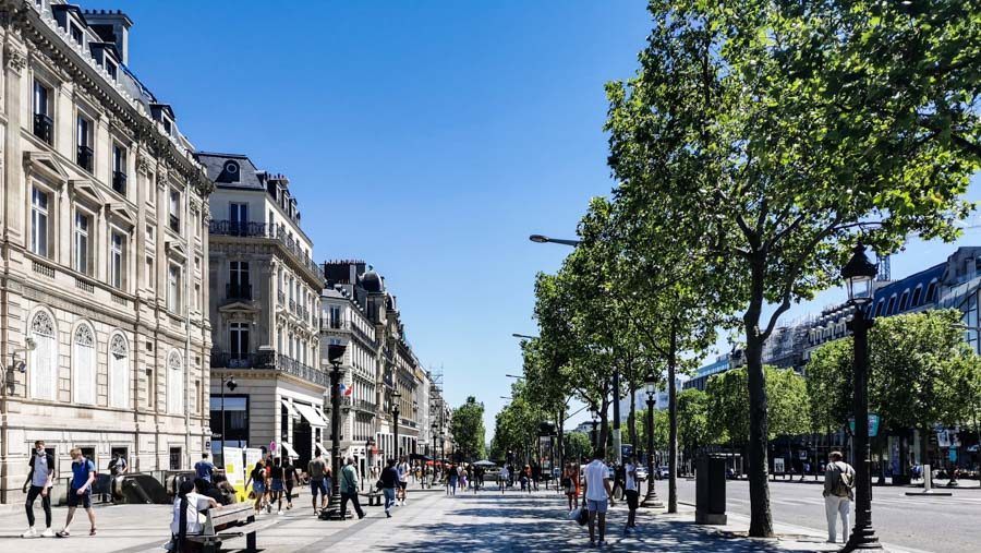 パリにある世界一美しい大通りともいわれるシャンゼリゼ通り。緑の並木とまっすぐに伸びた道が美しい。通りでは多くの観光客がショッピングや観光を楽しんでいる。